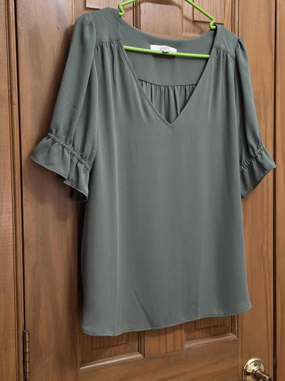 LOFT Olive Green V-Neck Ruffle Sleeve Top